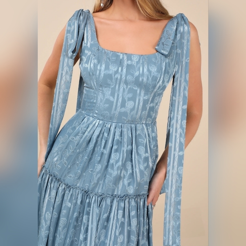 Lulus Picturesque Allure Slate Blue Sleeveless Jacquard Tie-Strap Maxi Dress - Picture 5 of 11